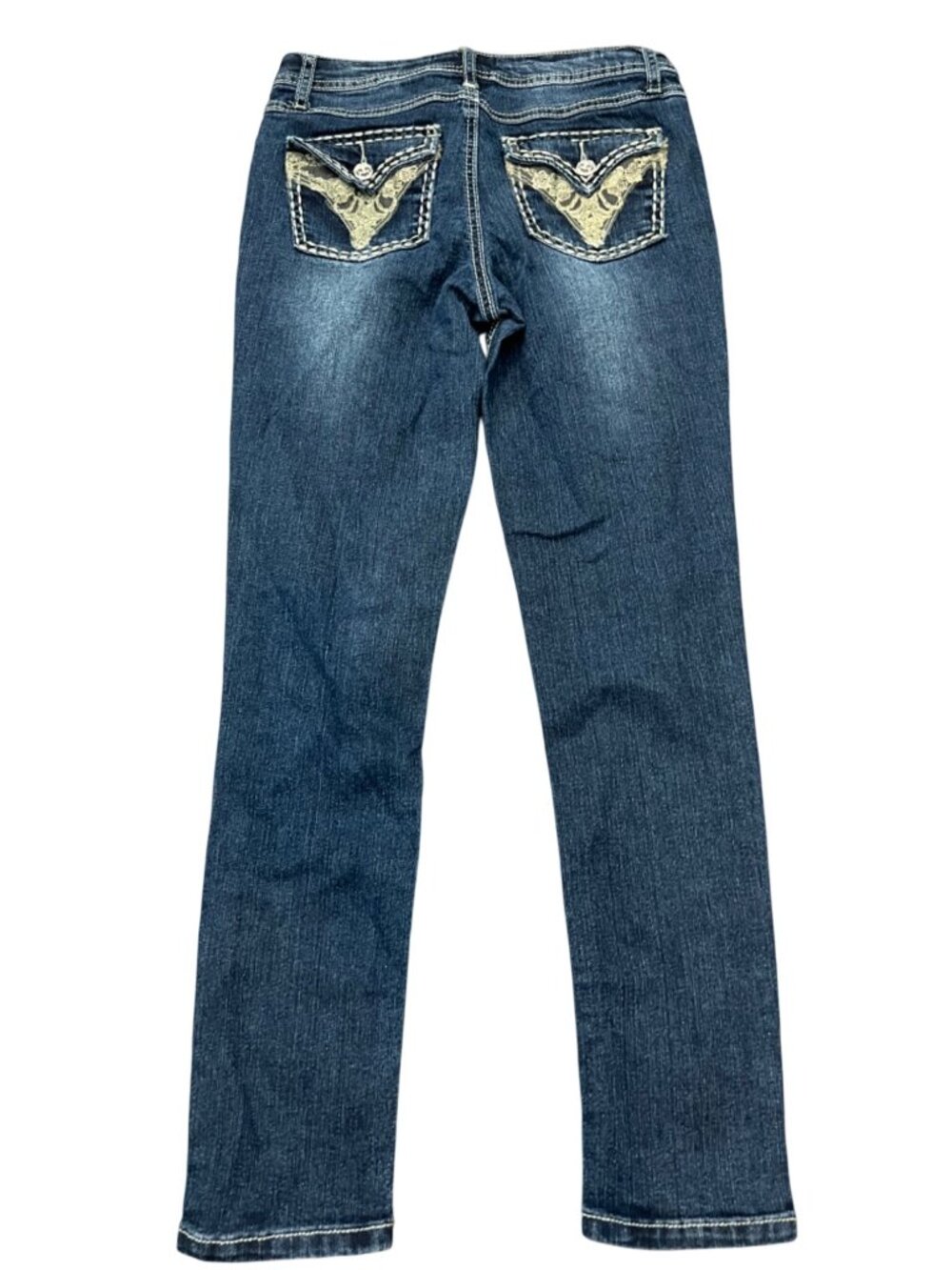 Vanilla Star Womens Skinny Dark Wash Jeans W/ Embroidery & Lace Back Pockets Siz
